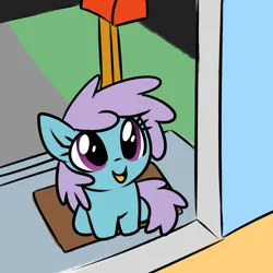 Size: 1024x1024 | Tagged: safe, artist:anonymous, derpibooru import, oc, pegasus, pony, g4, cute, doormat, doorway, female, image, let me in, mailbox, mare, ocbetes, open mouth, open smile, png, sitting, smiling, snow shower, solo