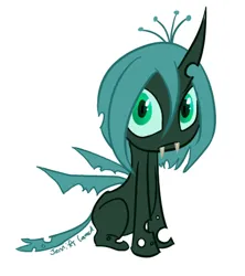 Size: 400x450 | Tagged: safe, artist:poai, queen chrysalis, changeling, changeling queen, nymph, fangs, female, image, looking at you, png, signature, simple background, sitting, slit eyes, solo, white background, younger