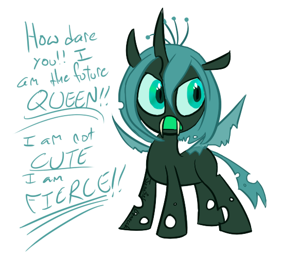 Size: 550x500 | Tagged: safe, artist:poai, queen chrysalis, changeling, changeling queen, nymph, dialogue, fangs, female, image, open mouth, png, signature, simple background, slit eyes, solo, standing, white background, younger