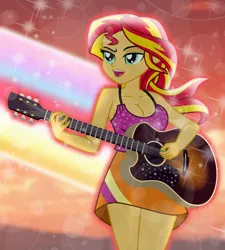 Size: 6780x7536 | Tagged: safe, artist:emeraldblast63, derpibooru import, sunset shimmer, human, equestria girls, g4, rainbow rocks, abstract background, breasts, cleavage, clothes, female, glamour, guitar, image, lens flare, musical instrument, my little pony equestria girls: rainbow rocks, open mouth, playing guitar, playing music, png, rainbow power, rainbow rocks 10th anniversary, singing, sparkles