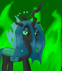 Size: 1300x1500 | Tagged: safe, artist:crhonox, queen chrysalis, changeling, changeling queen, female, fire, green fire, image, jpeg, lidded eyes, slit eyes, solo, standing