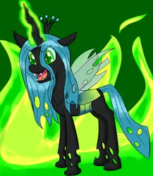 Size: 1300x1500 | Tagged: safe, artist:crhonox, queen chrysalis, changeling, changeling queen, fangs, female, fire, frown, glowing horn, green fire, horn, image, jpeg, open mouth, slit eyes, solo, standing