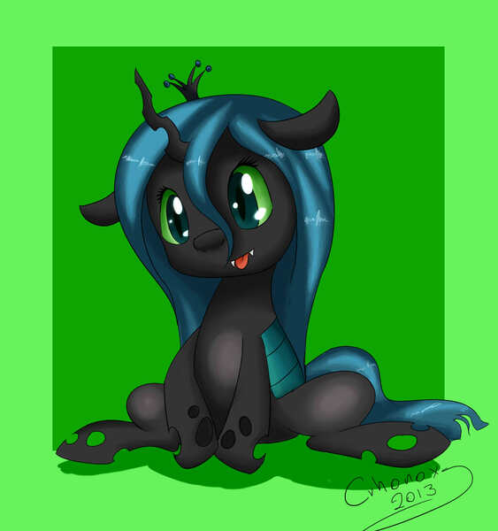 Size: 1500x1600 | Tagged: safe, artist:crhonox, queen chrysalis, changeling, changeling queen, nymph, :p, fangs, female, image, jpeg, signature, sitting, slit eyes, solo, tongue out, younger