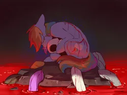 Size: 2048x1536 | Tagged: semi-grimdark, artist:piesinful, derpibooru import, rainbow dash, pegasus, pony, comic:unlucky day, fanfic:cupcakes, blood, crying, curled up, female, image, injured, jpeg, lichtenberg scar, mare, scar, skull, wingless