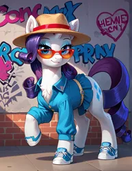 Size: 1000x1296 | Tagged: safe, ai content, derpibooru import, machine learning generated, prompter:lagerai, stable diffusion, rarity, pony, unicorn, g4, chest fluff, clothes, ear fluff, female, full body, generator:pony diffusion v6 xl, glasses, graffiti, hat, hoof shoes, horn, image, lidded eyes, mare, outdoors, png, raised hoof, rarity always dresses in style, smiling, solo, wall