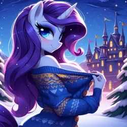 Size: 468x468 | Tagged: suggestive, ai content, derpibooru import, machine learning generated, prompter:glimmy-glam, rarity, anthro, unicorn, g4, big breasts, blushing, breasts, busty rarity, castle, clothes, female, generator:dall-e 3, horn, image, jpeg, looking at you, night, off shoulder, off shoulder sweater, pine tree, smiling, snow, solo, solo female, stars, stripping, stupid sexy rarity, sweater, tree, winter