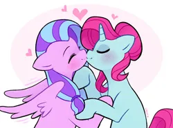 Size: 600x447 | Tagged: safe, artist:cuteosphere, flitterheart, snowcatcher, pegasus, pony, unicorn, image, jpeg, kissing