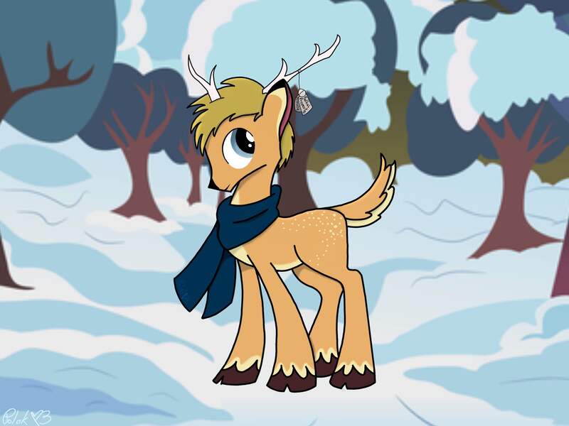 Size: 2048x1536 | Tagged: safe, artist:polak23, derpibooru import, oc, oc:northlight (oleniandeer), unofficial characters only, deer, antlers, clothes, deer oc, forest, image, jpeg, nature, non-pony oc, price tag, scarf, signature, smiling, snow, solo, tail, tree, winter