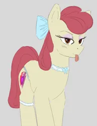 Size: 2760x3570 | Tagged: suggestive, artist:mare_enjoyer, derpibooru import, apple bloom, earth pony, pony, blue bow, bow, clothes, collar, colored sketch, eyeshadow, female, gray background, hair bow, image, jpeg, looking at you, makeup, mare, panties, simple background, sketch, solo, thigh bands, thong, tongue out, underwear