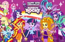 Size: 5100x3300 | Tagged: safe, artist:julie-z, derpibooru import, adagio dazzle, applejack, aria blaze, fluttershy, pinkie pie, rainbow dash, rarity, sci-twi, sonata dusk, sunset shimmer, twilight sparkle, human, equestria girls, g4, female, humane five, humane seven, humane six, image, jpeg, my little pony equestria girls: rainbow rocks, ponied up, rainbow rocks 10th anniversary, the dazzlings, the rainbooms