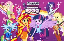 Size: 5100x3300 | Tagged: safe, artist:julie-z, derpibooru import, applejack, fluttershy, pinkie pie, rainbow dash, rarity, sci-twi, sunset shimmer, twilight sparkle, equestria girls, g4, female, guitar, humane five, humane seven, humane six, image, jpeg, keytar, musical instrument, my little pony equestria girls: rainbow rocks, ponied up, rainbow rocks 10th anniversary, tambourine, the rainbooms