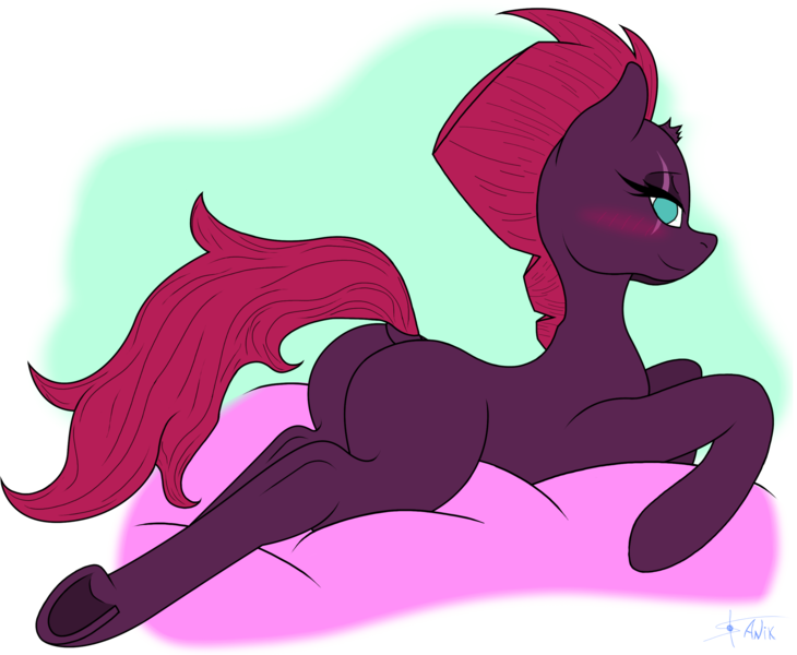 Size: 2800x2300 | Tagged: suggestive, alternate version, artist:anix_space, derpibooru import, tempest shadow, pony, unicorn, g4, bed, bedroom eyes, blushing, broken horn, butt, dock, female, horn, image, laying on bed, looking at you, looking back, looking back at you, lying down, mare, on bed, plot, png, prone, simple background, tail, tempass, underhoof