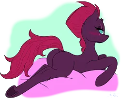 Size: 2800x2300 | Tagged: suggestive, alternate version, artist:anix_space, derpibooru import, tempest shadow, pony, unicorn, g4, bed, bedroom eyes, blushing, broken horn, butt, dock, female, horn, image, laying on bed, looking at you, looking back, looking back at you, lying down, mare, on bed, plot, png, prone, simple background, tail, tempass, underhoof