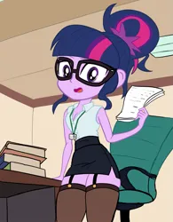 Size: 979x1255 | Tagged: suggestive, artist:calmbreezes, derpibooru import, sci-twi, twilight sparkle, equestria girls, g4, breasts, cleavage, clothes, fanning, fanning self, garters, glasses, image, lanyard, looking at you, miniskirt, office, office lady, png, skirt, solo, zettai ryouiki