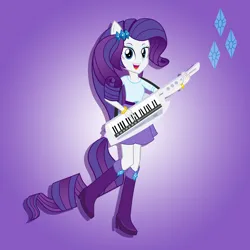 Size: 1920x1920 | Tagged: safe, artist:julie-z, derpibooru import, rarity, human, equestria girls, g4, cutie mark, female, image, jpeg, keytar, musical instrument, my little pony equestria girls: rainbow rocks, purple background, rainbow rocks 10th anniversary, simple background, solo