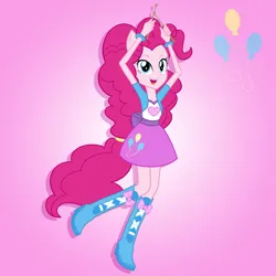 Size: 2000x2000 | Tagged: safe, artist:julie-z, derpibooru import, pinkie pie, human, equestria girls, g4, cutie mark, drumsticks, female, image, jpeg, my little pony equestria girls: rainbow rocks, pink background, ponied up, rainbow rocks 10th anniversary, simple background, solo