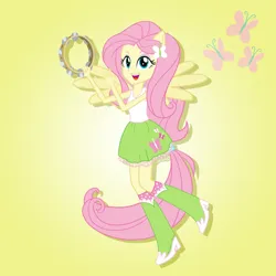 Size: 2000x2000 | Tagged: safe, artist:julie-z, derpibooru import, fluttershy, human, equestria girls, g4, cutie mark, female, image, jpeg, musical instrument, my little pony equestria girls: rainbow rocks, ponied up, rainbow rocks 10th anniversary, simple background, solo, tambourine, yellow background