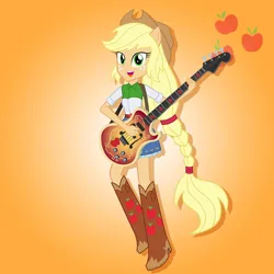 Size: 1280x1280 | Tagged: safe, artist:julie-z, derpibooru import, applejack, human, equestria girls, g4, applejack's hat, bass guitar, cowboy hat, cutie mark, female, hat, image, jpeg, musical instrument, my little pony equestria girls: rainbow rocks, orange background, ponied up, rainbow rocks 10th anniversary, simple background, solo