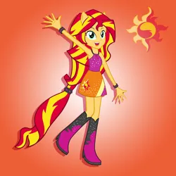 Size: 2000x2000 | Tagged: safe, artist:julie-z, derpibooru import, sunset shimmer, human, equestria girls, g4, cutie mark, female, image, jpeg, my little pony equestria girls: rainbow rocks, ponied up, rainbow rocks 10th anniversary, red background, simple background, solo