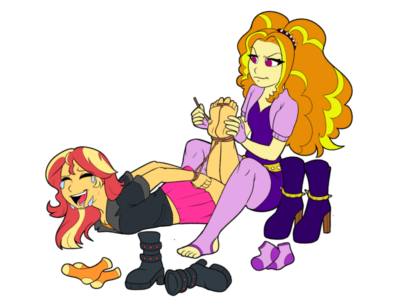 Size: 8000x6000 | Tagged: suggestive, artist:citysyndrome, artist:icey-wicey-1517, color edit, derpibooru import, edit, adagio dazzle, sunset shimmer, equestria girls, g4, ass, barefoot, belt, bondage, boots, brush, butt, clothes, collaboration, colored, crying, dominant, drool, erotic tickling, eyes closed, feet, female, femdom, femsub, fetish, fingerless gloves, foot fetish, gloves, high heel boots, hogtied, image, jacket, laughing, leather, leather jacket, lesbian, lying down, open mouth, paintbrush, png, prone, rainbow rocks 10th anniversary, rope, rope bondage, ship:sunsagio, shipping, shirt, shoes, shorts, simple background, sitting, skirt, socks, soles, stirrup stockings, stirrups, stockings, submissive, subset, t-shirt, tears of laughter, thigh highs, tickle fetish, tickle torture, tickling, toe tied, toeless legwear, toeless stockings, toes, transparent background