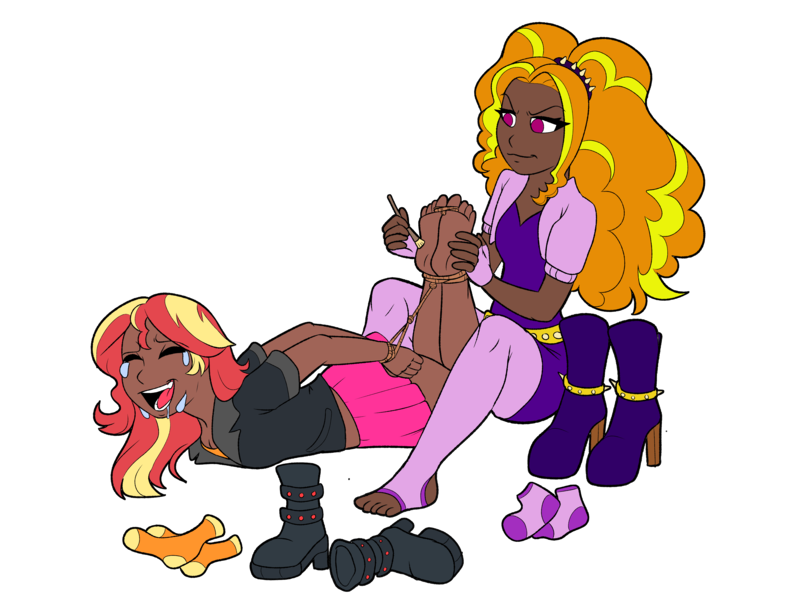 Size: 8000x6000 | Tagged: suggestive, alternate version, artist:citysyndrome, artist:icey-wicey-1517, color edit, derpibooru import, edit, adagio dazzle, sunset shimmer, human, g4, ass, barefoot, belt, bondage, boots, brush, butt, clothes, collaboration, colored, crying, dark skin, dominant, drool, erotic tickling, eyes closed, feet, female, femdom, femsub, fetish, fingerless gloves, foot fetish, gloves, high heel boots, hogtied, humanized, image, jacket, laughing, leather, leather jacket, lesbian, lying down, open mouth, paintbrush, png, prone, rainbow rocks 10th anniversary, rope, rope bondage, ship:sunsagio, shipping, shirt, shoes, shorts, simple background, sitting, skirt, socks, soles, stirrup stockings, stirrups, stockings, submissive, subset, t-shirt, tears of laughter, thigh highs, tickle fetish, tickle torture, tickling, toe tied, toeless legwear, toeless stockings, toes, transparent background