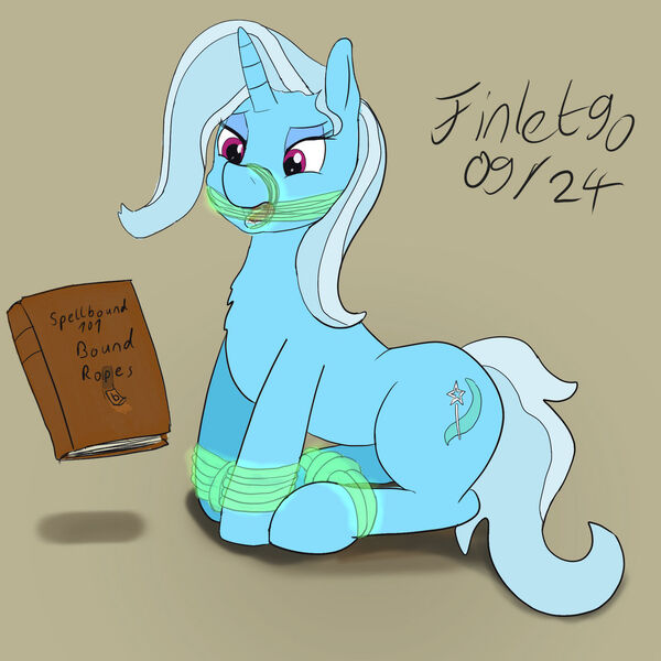 Size: 1280x1280 | Tagged: safe, artist:finlet90, derpibooru import, trixie, pony, unicorn, g4, beige background, bondage, book, bound and gagged, female, femsub, gag, helpless, horn, image, jpeg, magical bondage, mare, open mouth, rope, rope bondage, rope gag, self bondage, signature, simple background, sitting, solo, spell gone wrong, spellbook, sticker, submissive, the weak and powerless trixie, trap (device), tricked