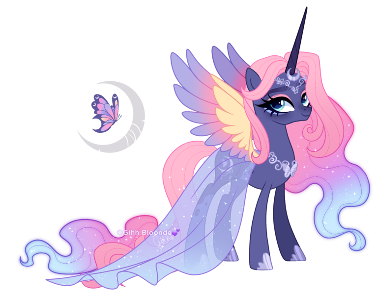 Size: 2441x1905 | Tagged: safe, artist:gihhbloonde, derpibooru import, oc, alicorn, pony, colored wings, female, image, magical lesbian spawn, mare, multicolored wings, offspring, parent:fluttershy, parent:princess luna, parents:lunashy, png, simple background, solo, transparent background, wings