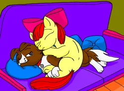 Size: 1504x1113 | Tagged: safe, artist:large-rarge, derpibooru import, apple bloom, winona, dog, earth pony, pony, adorabloom, blank flank, couch, cute, duo, female, filly, foal, image, indoors, lying down, one eye closed, png, sleeping