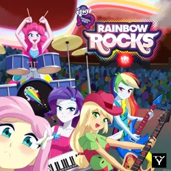 Size: 1200x1200 | Tagged: safe, artist:riouku, derpibooru import, applejack, fluttershy, pinkie pie, rainbow dash, rarity, equestria girls, g4, album cover, album parody, avenged sevenfold, blushing, clothes, commission, cowboy hat, crowd, cute, dashabetes, diapinkes, dress, drum kit, drums, drumsticks, female, freckles, grin, guitar, hat, image, jackabetes, keytar, musical instrument, my little pony equestria girls: rainbow rocks, open mouth, parody, png, rainbow rocks 10th anniversary, raribetes, shirt, shyabetes, smiling