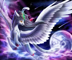 Size: 2672x2244 | Tagged: safe, artist:icerrhythm, derpibooru import, oc, unofficial characters only, classical unicorn, pegasus, unicorn, cloud, cloven hooves, commission, feathered wings, flying, forehead gem, horn, image, leonine tail, mare in the moon, moon, png, shooting star, signature, solo, stars, tail, unshorn fetlocks, wings