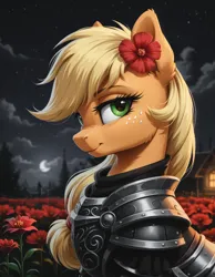 Size: 1120x1440 | Tagged: safe, ai content, derpibooru import, machine learning generated, prompter:ramprover, stable diffusion, applejack, earth pony, pony, g4, armor, bedroom eyes, cheek fluff, ear fluff, fantasy class, female, flower, flower field, flower in hair, generator:pony diffusion v6 xl, image, looking sideways, mare, moon, night, png, side view, sky, smiling, solo, warrior