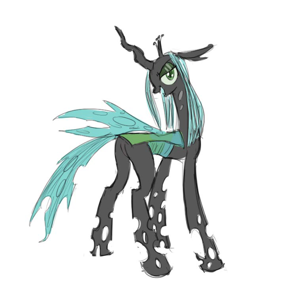 Size: 715x758 | Tagged: artist needed, source needed, suggestive, queen chrysalis, changeling, changeling queen, bugbutt, butt, female, frown, image, lidded eyes, looking at you, looking back, open mouth, plot, png, simple background, slit eyes, smiling, solo, white background