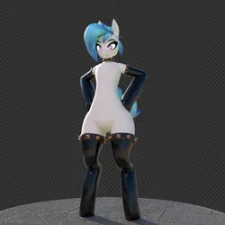 Size: 885x884 | Tagged: safe, artist:adogscurse, derpibooru import, vinyl scratch, pony, semi-anthro, 3d, 3d model, blender, blender cycles, blue mane, choker, clothes, female, hand on hip, image, looking at you, png, purple eyes, smiling, socks, solo, spiked choker, stockings, thigh highs