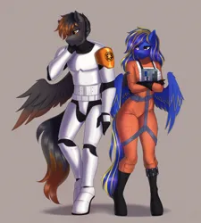 Size: 1843x2048 | Tagged: safe, artist:yutakira92, ponerpics import, oc, unofficial characters only, anthro, bodysuit, boots, breasts, clothes, duo male and female, gloves, image, jpeg, lethal company, shoes