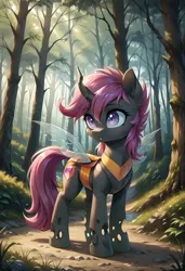 Size: 800x1169 | Tagged: safe, ai content, derpibooru import, machine learning generated, prompter:gregorymars, stable diffusion, scootaloo, changeling, pony, g4, changelingified, cutie mark on changeling, female, forest, generator:pony diffusion v6 xl, image, jpeg, mare, nature, outdoors, scootaling, solo, species swap, tree