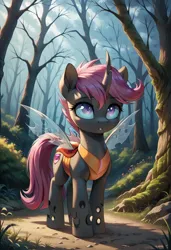 Size: 800x1169 | Tagged: safe, ai content, derpibooru import, machine learning generated, prompter:gregorymars, stable diffusion, scootaloo, changeling, pony, g4, changelingified, cutie mark on changeling, female, forest, generator:pony diffusion v6 xl, image, jpeg, mare, nature, outdoors, scootaling, solo, species swap, tree