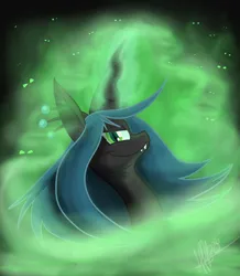 Size: 800x917 | Tagged: safe, artist:secoh2000, queen chrysalis, changeling, changeling queen, bust, eyes in the dark, fangs, female, frown, image, jpeg, looking at you, magic, signature, slit eyes, smiling