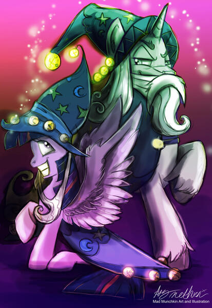 Size: 2031x2954 | Tagged: safe, artist:mad munchkin, derpibooru import, star swirl the bearded, twilight sparkle, twilight sparkle (alicorn), alicorn, pony, unicorn, g4, shadow play, beard, clothes, costume, facial hair, fangirl, female, hat, horn, image, jpeg, male, mare, stallion, wizard, wizard hat