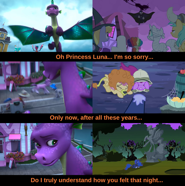 Size: 2732x2754 | Tagged: safe, derpibooru import, edit, edited screencap, screencap, nightmare moon, princess luna, spike, alicorn, dragon, g4, g5, luna eclipsed, my little pony: make your mark, spoiler:g5, callback, clothes, costume, fear, image, jpeg, my little pony: make your mark chapter 6, nightmare night, nightmare night costume, older, older spike, roots of all evil, sad, statue, text edit