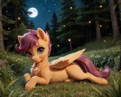 Size: 1272x1024 | Tagged: safe, ai content, derpibooru import, machine learning generated, prompter:bloodwood, stable diffusion, scootaloo, firefly (insect), insect, pegasus, pony, g4, blank flank, chest fluff, cute, cutealoo, detailed, ear fluff, feathered wings, female, filly, fluffy, foal, forest, grass, image, jpeg, looking at you, lying down, moon, nature, night, no cutie marks yet, outdoors, photorealistic, prone, realistic, smiling, solo, tree, wings