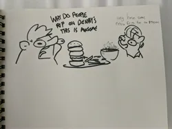 Size: 4032x3024 | Tagged: safe, artist:tjpones, derpibooru import, oc, oc:tjpones, unofficial characters only, earth pony, pony, burger, denny's, dialogue, duo, duo male and female, fat, female, food, french fries, grayscale, image, jpeg, male, monochrome, open mouth, pen drawing, sketch, traditional art, waitress