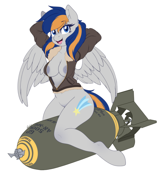 Size: 3967x4294 | Tagged: questionable, artist:pearlyiridescence, derpibooru import, oc, oc:liberty belle, anthro, pegasus, pony, unguligrade anthro, areola, arm behind head, bomb, bomber jacket, bottomless, breasts, clothes, female, image, jacket, mare, nipples, nudity, open clothes, open jacket, open mouth, partial nudity, png, simple background, smiling, transparent background, weapon