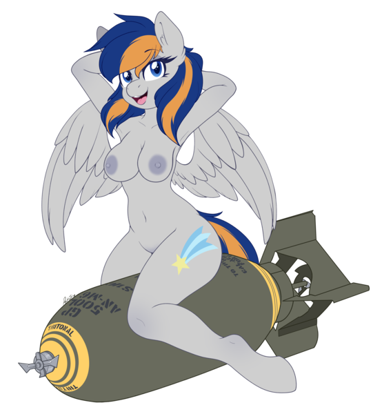 Size: 3967x4294 | Tagged: questionable, alternate version, artist:pearlyiridescence, derpibooru import, oc, oc:liberty belle, anthro, pegasus, pony, unguligrade anthro, areola, arm behind head, bomb, bottomless, breasts, clothes, female, image, mare, nipples, nudity, open mouth, partial nudity, png, simple background, smiling, transparent background, weapon