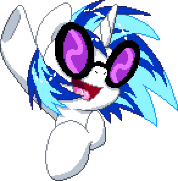 Size: 1022x1036 | Tagged: safe, artist:paperbagpony, artist:tihan, derpibooru import, vinyl scratch, pony, unicorn, g4, digital art, female, glasses, horn, image, manepxls, mare, open mouth, pixel art, png, pxls.space, raised hoof, simple background, smiling, solo, sunglasses, transparent background