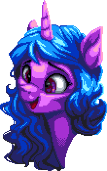 Size: 1100x1750 | Tagged: safe, artist:dasheroni, artist:vanillaghosties, derpibooru import, izzy moonbow, pony, unicorn, g5, bust, digital art, female, horn, image, manepxls, mare, open mouth, pixel art, png, portrait, pxls.space, simple background, smiling, solo, transparent background