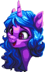 Size: 1100x1750 | Tagged: safe, artist:dasheroni, artist:vanillaghosties, derpibooru import, izzy moonbow, pony, unicorn, g5, bust, digital art, female, horn, image, manepxls, mare, open mouth, pixel art, png, portrait, pxls.space, simple background, smiling, solo, transparent background