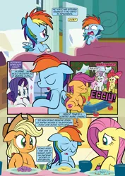 Size: 1920x2715 | Tagged: safe, artist:alexdti, derpibooru import, apple bloom, applejack, fluttershy, rainbow dash, rarity, scootaloo, sweetie belle, earth pony, pegasus, pony, unicorn, comic:how we met (italian), g4, comic, cutie mark crusaders, dialogue, female, filly, filly rainbow dash, foal, horn, image, jpeg, scooter, self paradox, self ponidox, sneezing, younger