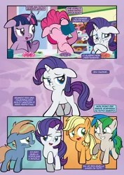 Size: 1920x2715 | Tagged: safe, artist:alexdti, derpibooru import, applejack, pinkie pie, rarity, twilight sparkle, twilight sparkle (alicorn), oc, oc:brainstorm (alexdti), oc:star logic, alicorn, earth pony, pony, comic:how we met (italian), g4, blushing, donut, female, filly, filly applejack, filly rarity, floppy ears, foal, food, image, jpeg, younger