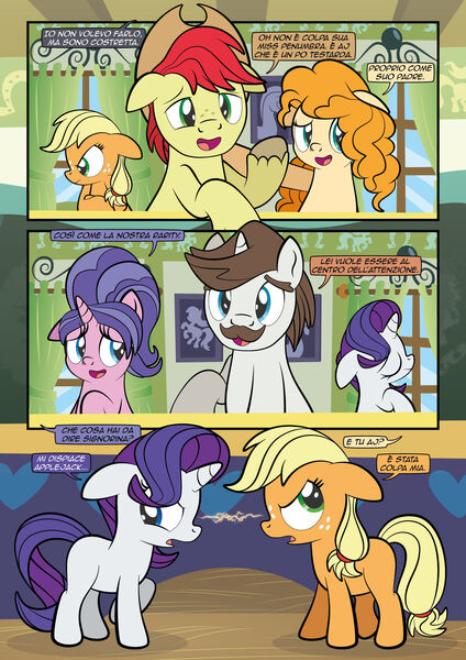 Size: 1920x2715 | Tagged: safe, artist:alexdti, derpibooru import, applejack, bright mac, cookie crumbles, hondo flanks, pear butter, rarity, earth pony, pony, unicorn, comic:how we met (italian), g4, blank flank, female, filly, filly applejack, filly rarity, foal, high res, horn, image, jpeg, male, mare, stallion, younger