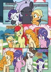 Size: 1920x2715 | Tagged: safe, artist:alexdti, derpibooru import, applejack, bright mac, cookie crumbles, hondo flanks, pear butter, rarity, oc, pony, unicorn, comic:how we met (italian), g4, female, filly, filly applejack, filly rarity, foal, horn, image, implied sweetie belle, jpeg, pregnant, younger